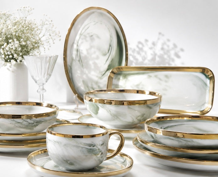 Verdant Marble Gold Porcelain Dinner Set: Golden Green