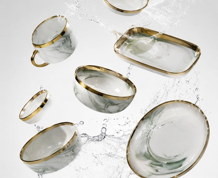 Verdant Marble Gold Porcelain Dinner Set: Golden Green