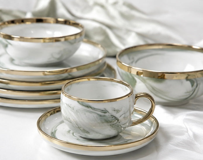 Verdant Marble Gold Porcelain Dinner Set: Golden Green