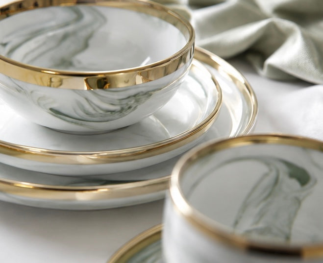 Verdant Marble Gold Porcelain Dinner Set: Golden Green