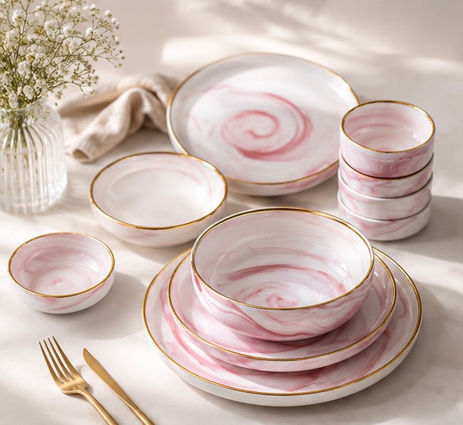 Blush Swirl Gold Porcelain Dinner Set