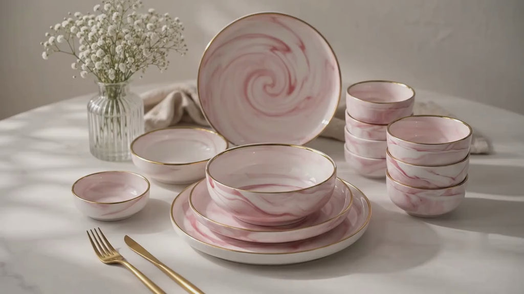 Blush Swirl Gold Porcelain Dinner Set