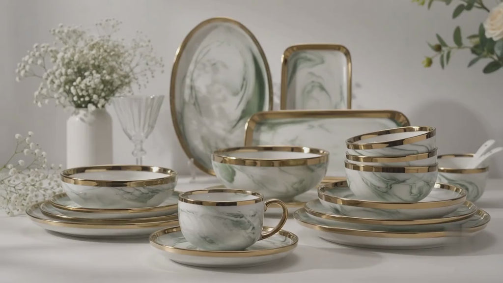Verdant Marble Gold Porcelain Dinner Set: Golden Green