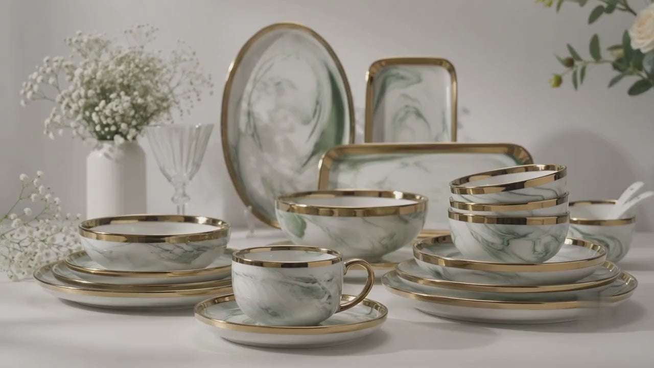 Verdant Marble Gold Porcelain Dinner Set: Golden Green